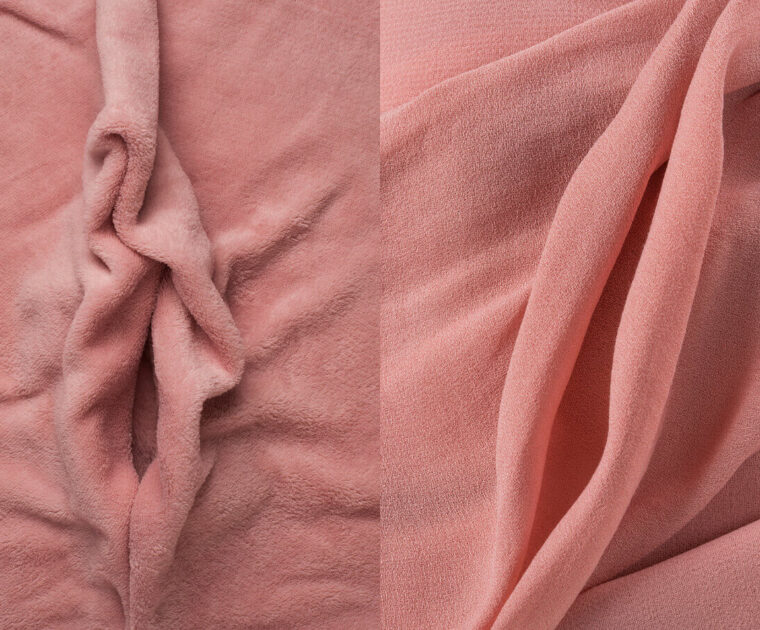 Fabric shaped like an asymmetrical and symmetrical vagina.