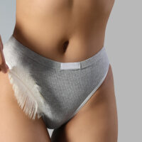 Woman in gray underwear holding a feather
